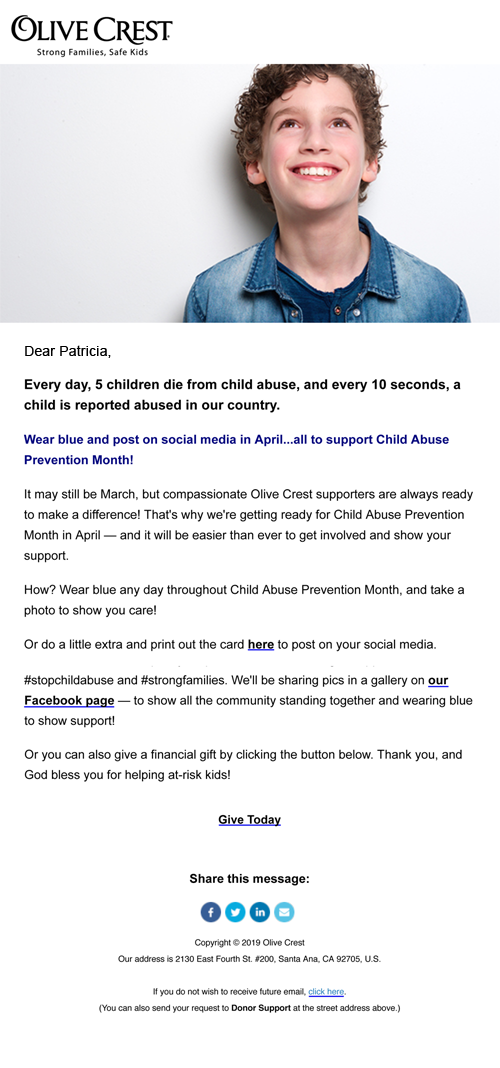 Example of Child Abuse Prevention Month e-mail